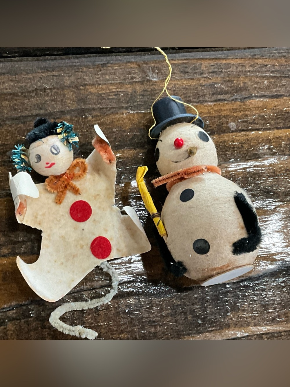 Vintage Lot of 2 Snowmen Christmas Ornaments Spun Cotton Paper Crafting